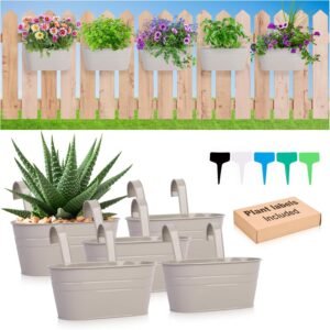 5-Pack Iron Planters for Fence in Trendy Colors for Indoor & Outdoor Use, Perfect for Natural & Artificial Plants, includes Hooks & Plant Labels (Gray)