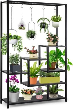 5 Tier Metal Plant Stand, 70.9inch Tall Indoor Plant Shelf with 6 Pcs Hanging Hooks, Flower Bonsai Pots Display Rack for Living Room, Balcony, Patio, Garden