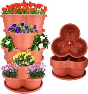 5 Tier Vertical Planters Stackable Gardening Planter for Strawberries, Flowers, Herb and Vegetables, Brick Red