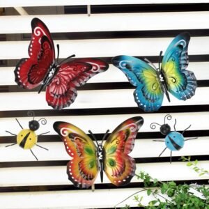 5pcs of Set 9.5'' Large Metal Butterfly Wall Decor Hanging Outdoor Metal Decorative Ladybug Wall Art Decor Butterflies Decoration For Patio,Yard,Living Room,Bedroom,Garden,Outside Fence,Home,Backyard