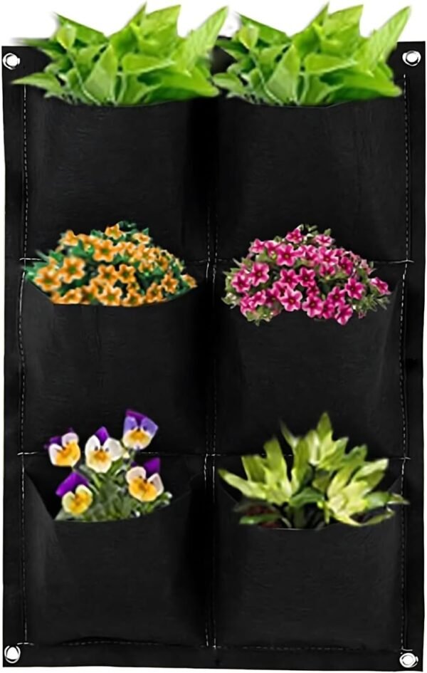 6 Pockets Vertical Breathable Plant Bag Hanging Growing Bag Outdoor Indoor Planter for Wall Garden Flower, Black