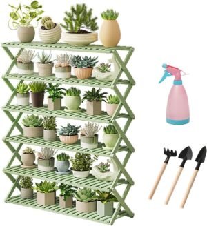 6 Tier Bamboo Plant Stand Indoor Outdoor with Gardening Tools And Spray Pot, 110Cm Folding Large Plant Shelf Storage Corner Shelf for Garden Patio Living Room Balcony,Green,80X110