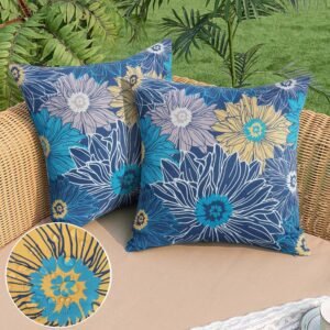 Adabana Outdoor Waterproof Pillow Covers 18x18 Inch Set of 2 Decorative Floral Throw Pillows Cover for Patio Garden Porch Navy Blue