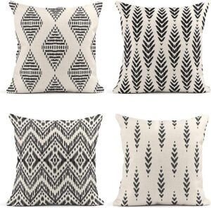 ArtSocket Set of 4 Throw Pillow Covers Ikat Tribal and Boho Bohemian black Ethnic Herringbone for Ideas Decor Linen Outdoor Pillow Cases Home Decorative Square 26x26 Inches Pillowcases