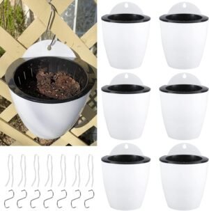 Artilife 7 Pack Self Watering Hanging Planters Flower Pots - Suitable for Plants Flowers Indoor Outdoor Window Wall Plant Pots White Plastic with 7 Hooks (5 Inch (130mm))