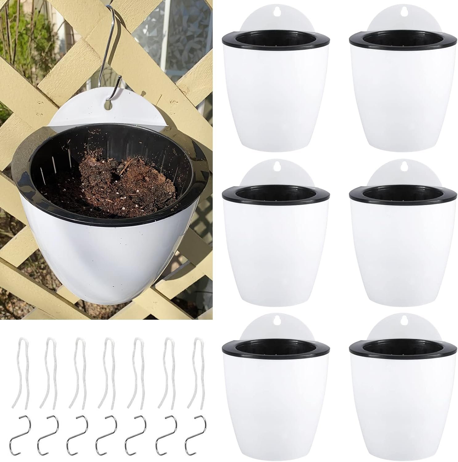 Artilife 7 Pack Self Watering Hanging Planters Flower Pots - Artilife 7 Pack Self Watering Hanging Planters Flower Pots - Suitable for Plants Flowers Indoor Outdoor Window Wall Plant Pots White Plastic with 7 Hooks (5 Inch (130mm))