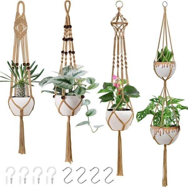 BUENAVO 4 Pack Macrame Plant Hangers, Indoor Hanging Ceiling Planters with 8 Hooks, Different Tiers, Handmade Wall Hanging Pot Planters for Herbs and Flowers Outdoor Boho Home Decor