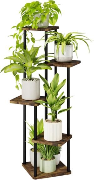 Bamworld Corner Plant Stand Indoor, 5 Tier Metal Plant Shelf for Multiple Plants, Tall Flower Stand for Patio Garden Balcony Living Room Bedroom(Brown)