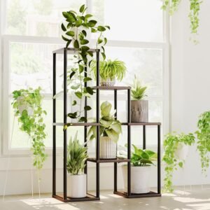 Bamworld Plant Stand Indoor Plant Shelf Metal 7 Pots Black Plant Stands for Indoor Plants Multiple Tiered Plant Stands Tall Plant Rack for Garden Balcony Patio Window Living Room