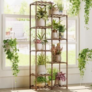 Bamworld Plant Stand Indoor Tall Plant Shelf Outdoor Corner Plants Table Wood Flower Stand for Living Room Balcony and Garden (9 pots)