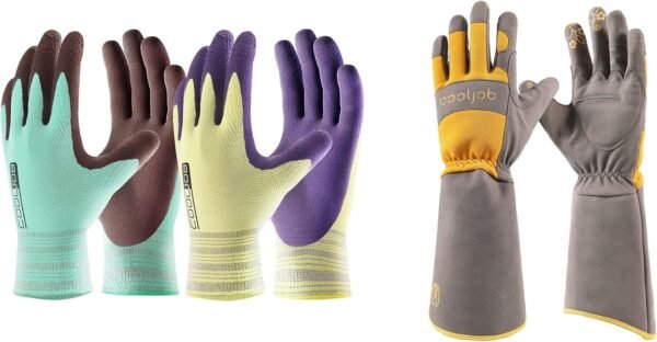 COOLJOB Medium Size Gardening Gloves Set for Women, 1 Pair of Long Sleeve & 2 Pairs of Short Sleeve