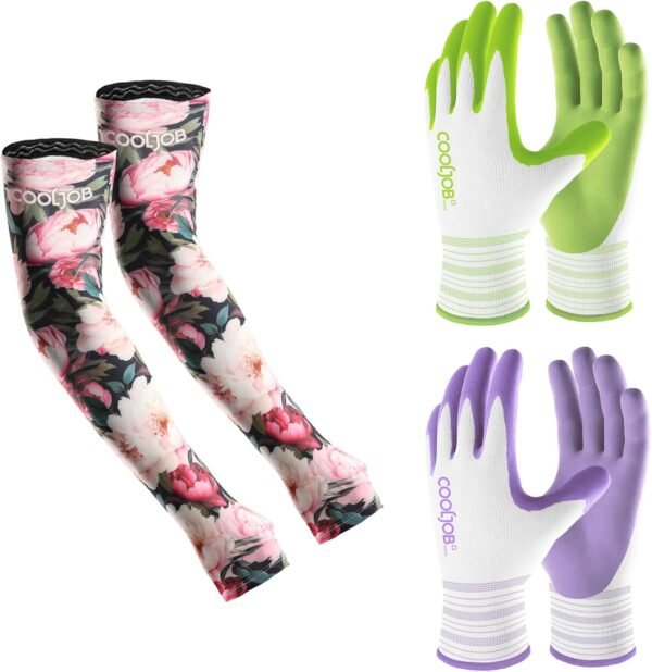 COOLJOB UV Cooling Gardening Sleeves Pink Flower & 2 Pairs Gardening Gloves Rubber Coated Medium