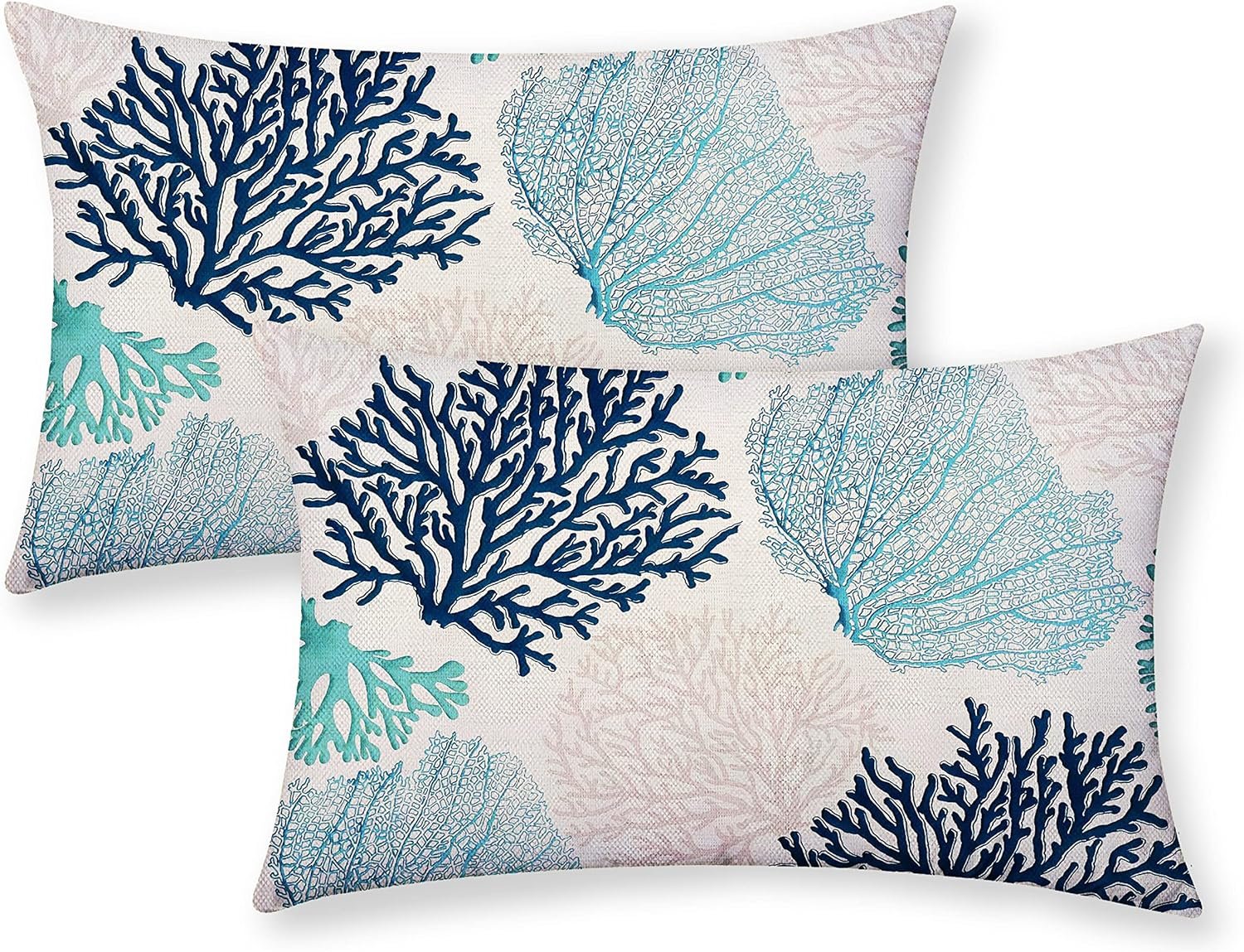 Coastal Pillow Covers 12x20 Inch Set of 2 Coral Branch Coastal Pillow Covers 12x20 Inch Set of 2 Coral Branch Ocean Themed Beach Decor Throw Pillows Turquoise Navy Blue Beachy Nautical Summer Outdoor Decorative Cushion Cases for Couch Decorations