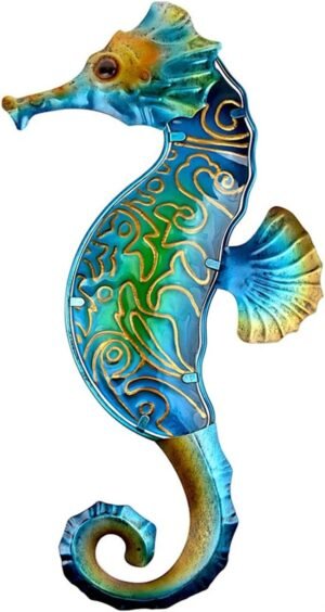 DEARBIRDER Blue Seahorse Wall Art Hanging Metal Glass Crafts, Vivid Decor for Home Garden Patio Balcony Wall, Metal Glass Wall Sculpture 16 Inch