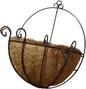 DOITOOL Porch Decorations Outdoor 14 Inch Iron Wall Hanging Planters Basket Half Round Plant Flower Wall Holder with Coir Liner Plant Hanger Decoration for Garden Porch Balcony Half. Moon Basket