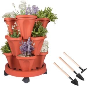 DUNCHATY Stackable Planters 3 Tier Vertical Garden Planting Tower Planters Strawberry, Herb, Flower, and Vegetable Planter Indoor Outdoor Gardening Pots with Removable Wheels and Tools