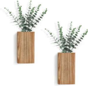 Dahey 2 Pack Wood Wall Planter Vase with Artificial Eucalyptus Farmhouse Wall Hanging Decor Pocket Planter for Indoor Fake Plants Greenery Flowers, livingroom Bedroom Kitchen Home Office Decoration