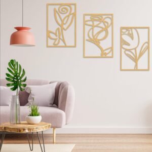 DoMyfit 3 Pcs of Metal Flower Wall Decor, 17.5 x 11.8 Inch Metal Wall Art, Minimalist Wire Rose Art Signs for Bedroom Patio Balcony Bathroom Office Restaurant Shop Presents Gifts (Gold)