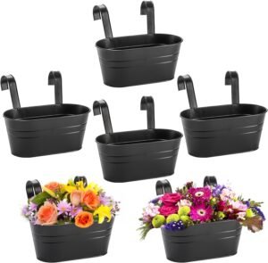 Foraineam 6 Pack Hanging Flower Pots, Metal Iron Hanging Planter Plant Pot Holders for Railing Fence Balcony, Black Hanging Bucket Pots Outdoor Porch Decors with Detachable Hooks and Drain Holes