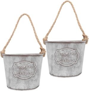 GANAZONO Home Decor 2pcs Galvanized Wall Planters Tub Shabby Chic Hanging Flower Pot Rustic Flower Bucket Iron Garden Wall Flower Pail Containers Milk Jug for Home Office Balcony