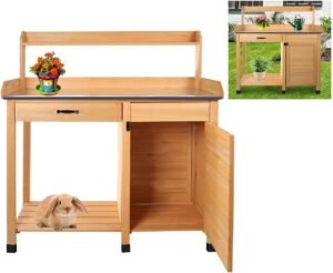 Garden Potting Table Solid Wood Large Tabletop Galvanized Metal Placing Working Crafting Space Storage Backyard Garage Farm Cabinet Outdoor Bench Shelf Gardening Tool Planting Balcony Assembly Easy