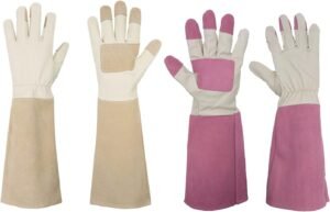 HANDLANDY Bundle -2 Pairs: Rose Pruning Gloves for Men & Women, Beige (XL),Pink (M) Long Thorn Proof Gardening Gloves, Breathable Pigskin Leather Gauntlet, Best Garden Gifts & Tools for Gardener