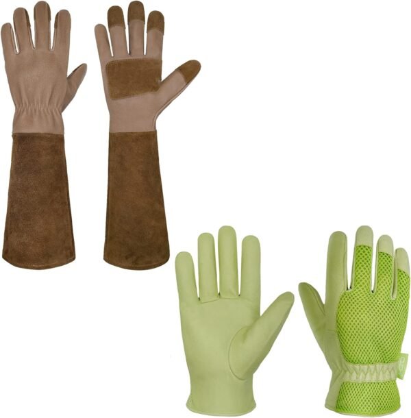 HANDLANDY Bundle - 2 Pairs of Pigskin Leather Rose Pruning Gloves & Leather Gardening Gloves for Women, Breathable and Flexible Yard Working Gloves, Medium