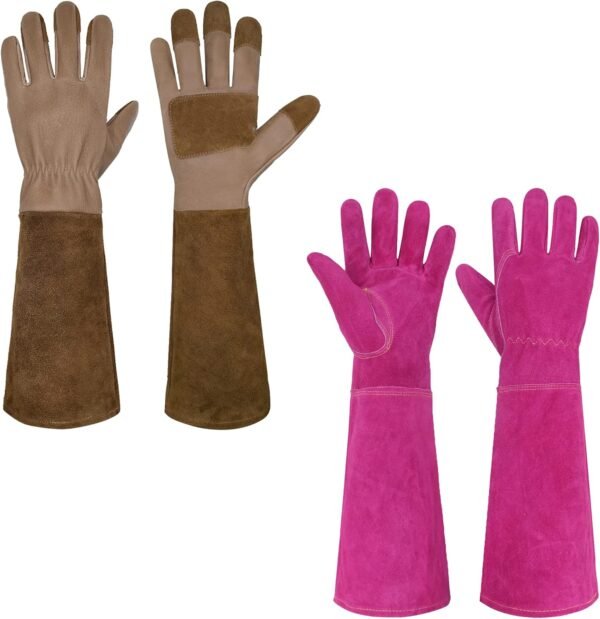 HANDLANDY Bundle - 2 Pairs of Pruning Gloves Long & Ladies Leather Gardening Gloves, Thorn Proof Gauntlet Gloves, Large