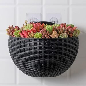 Hanging Planter Pot, Wall and Railing Hanging Planters with S Hooks, Half Round Imitation Rattan European Style Wall Flowerpot Rustic Decorative Flower Basket for Home Balcony Garden(#21*16.5cm black)