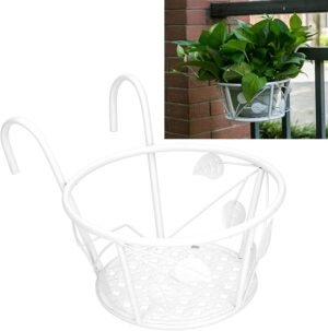 Hanging Railing Planters Holders Over The Rail, Outdoor Plant Stand Railings Planter Containers, Fence Planters Metal Potted Stand Flower Pot Holder for Patio Balcony Porch(White)