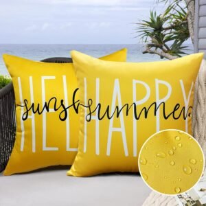 Hckot Pack of 2 Happy Summer Outdoor Waterproof Pillow Covers 18x18, Yellow Hello Sunshine Throw Pillow Covers for Patio Furniture Garden