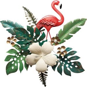 Hicarer Metal Flamingo Wall Decor Summer Flamingo Floral Outdoor Wall Art Hanging Tropical Flamingos Wall Plaque for Ocean Beach Sea Theme Party, Yard, Home, Garden, Patio Flamingo Gifts for Woman