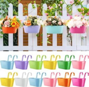 Hushee 12 Pcs Metal Hanging Flower Pot Railing Planter Multicolor Iron Planter Bucket Holder with Detachable Hooks Fence Hanging Plant Box for Balcony Railing Garden Yard Porch Spring Outdoor Decor