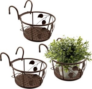 Iron Hanging Basket Flower Pot Support Home Outdoor Balcony Plant Hanging Basket Flower Pot Support Fence Planting Garden Plant Iron Product Pack of 3 (Champagne Color)