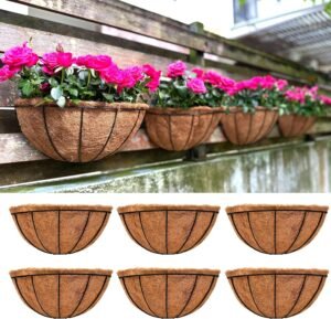 LaLaGreen Wall Hanging Planters for Plants (6 Pack, 12 Inch) Wall Mounted Flower Baskets with Coco Liner, Black Metal Iron Wire Plant Holder for Outdoor Fence Railing Outside Deck Porch Balcony Garden