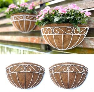 LaLaGreen Wall Mounted Flower Baskets (2 Pack, 12 Inch) Wall Hanging Planter with Coco Liner for Outdoor Plants, White Metal Wire Elegant Herb Pots Holder Fence Railing Deck Porch Balcony Garden Patio