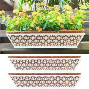 LaLaGreen Window Boxes Planters for Outdoor Plants (2 Pack, 24 Inch) White Metal Rectangular Wall Planter with Coco Liner, Horse Trough Deck Hanging Railing Plant Holder Modern Balcony Patio Fence