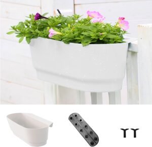 Large Fence Planter with Drainage Hole,Self Watering Plant Pot, Indoor Outdoor Planter for Railing Fence Balcony Garden Home Decor, 17.7x7.3Inch,White