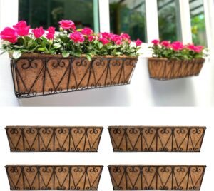 Large Wall Hanging Baskets, 4 Pack, 24 Inch Window Flower Box with Coco Liner Outdoor, Black Metal Wire Balcony Plant Holder Porch Rail Fence Planter Garden Deck Railing Patio Outside Decor