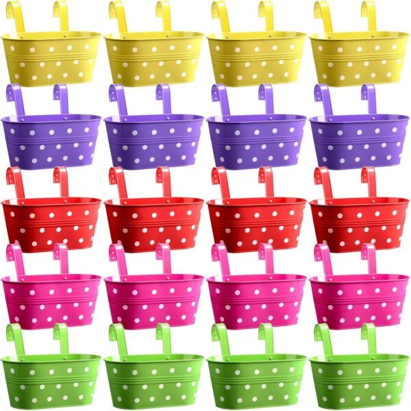 Layhit 20Pcs Multi Color 10inch Metal Iron Hanging Planters with 40 Hooks, Drain Hole Plug, Indoor Outdoor Use, for Balcony Fence Rails Garden Display Flowers