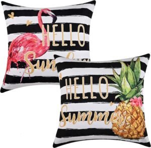 Likiyol Pineapple Flamingo Pillow Covers 18 x 18 Inch Set of 2, Black and White Stripes Throw Pillow Covers Summer Waterproof Pillow Case Farmhouse Cushion Cover Decorations for Couch Sofa Bed