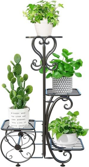 Metal Plant Stand Shelf Rack Indoor Outdoor Multiple Black 4 Tier Tall Corner Flower Pot Holder Stands Tiered Wrought Iron Planter Shelves for Patio Living Room Balcony Office