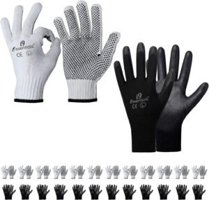 Multi-Purpose Work Gloves Large (24 Pairs) - 12 x Poly/Cotton with PVC Dots & 12 x Polyurethane Coated Safety Gloves for Men - Lightweight Gloves for Woodworking, Gardening, Construction