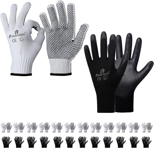 Multi-Purpose Work Gloves Large (24 Pairs) - 12 x Poly/Cotton with PVC Dots & 12 x Polyurethane Coated Safety Gloves for Men - Lightweight Gloves for Woodworking, Gardening, Construction