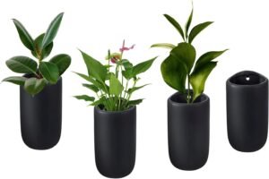 MyGift 7.5 Inch Wall Mounted Modern Matte Black Ceramic Cylindrical Plant Containers, Floating Succulent or Herb Planter Pots, Vertical Hanging Flower Vases, Set of 4