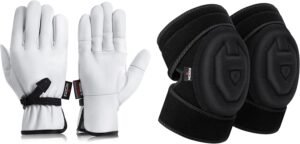 NoCry Leather Work Gloves with Reinforced Palms and Fingers and Adjustable Wrists; Made with 100% Goat Leather; M & Supportive Sports and Gardening Knee Pads; Unique Adjustable Straps; Soft Knee Pads