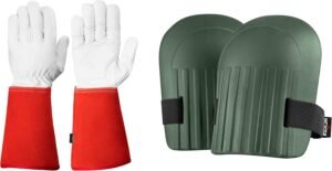 NoCry Long Leather Gardening Gloves for Women and Men; Reinforced Palms; Red; XS & Gardening, Cleaning Lightweight EVA Foam Knee Pads for Men and Women; Green