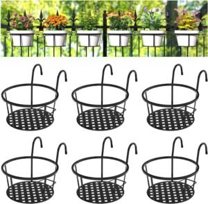 OKJHFD Round Hanging Railing Planters Basket, Iron Hanging Plant Holder Over The Rail Metal Fence Planters, Hanging Bucket Flower Pot Holder for Patio Balcony Outdoor Plants(Black)
