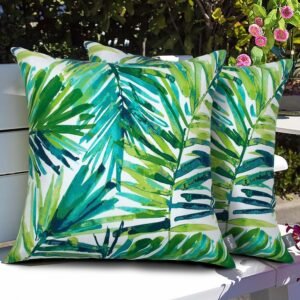 Patio Pillow Covers ONLY 18"x18", Set of 2, Fade-Resistant Outdoor Indoor Decorative Throw Pillowcase Shell for Couch Garden Furniture - Green Palm Leaves