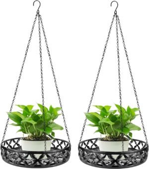 Plant Hanger, 2pcs Metal Hanging Plant Shelf Decorative Planter Flower Pots Holder with Ceiling Hook for Indoor Outdoor, Modern Plant Hanging Basket for Balcony Porch Garden Home Decor, Black